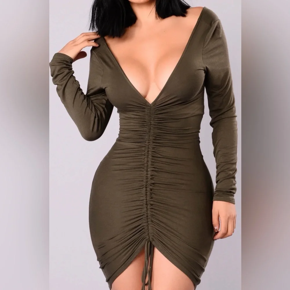 Women’s Olive Ruched Long Sleeve Dress - Picture 1 of 5